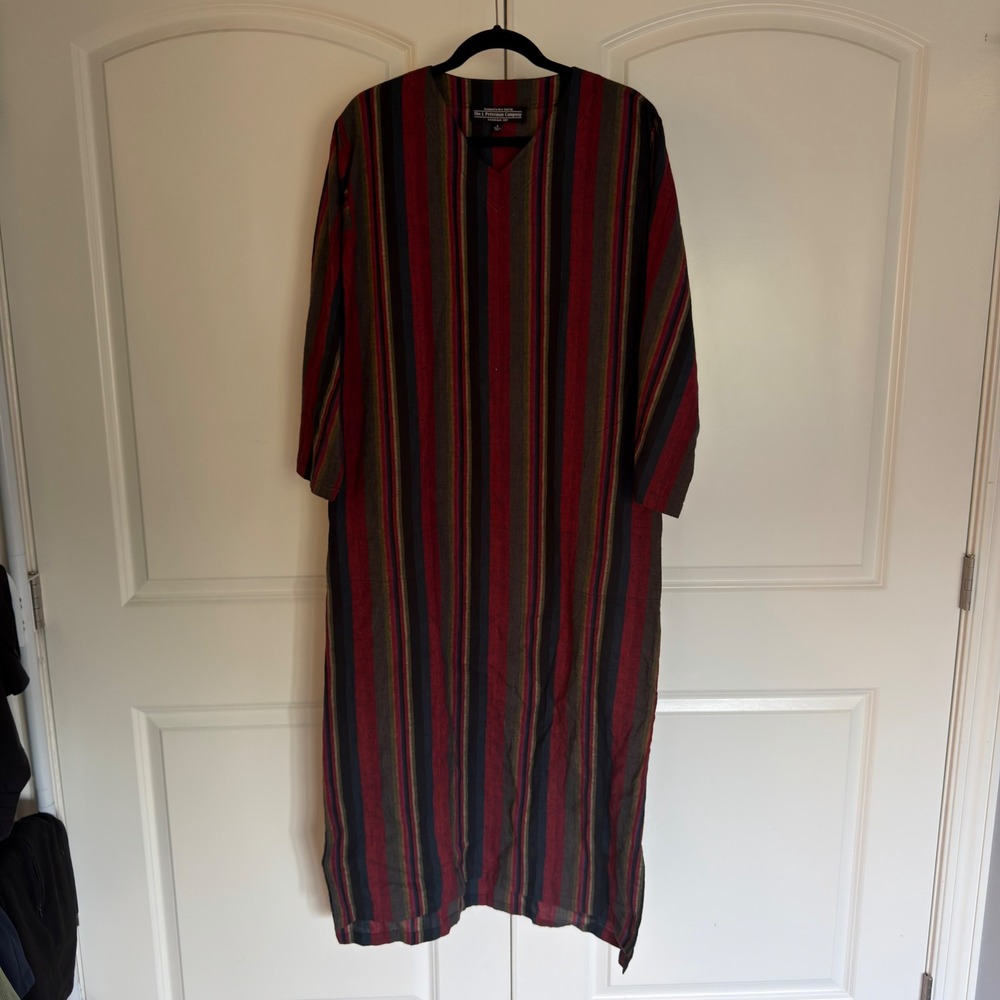 The J Peterman Company Striped Caftan Dress V-Neck Long Sleeve Multi-Color Small